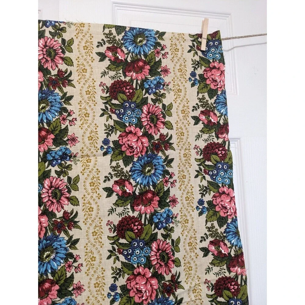Vintage Mid-Century Floral Stripe Fabric Remnant 46